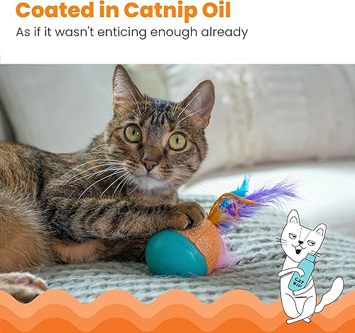 Miniatura 4 de Catstages Whack N' Wobble Ball - Juguete intearctive para gato, bola pesada con plumas, campana, tela con purpurina y aceite de hierba gatera,