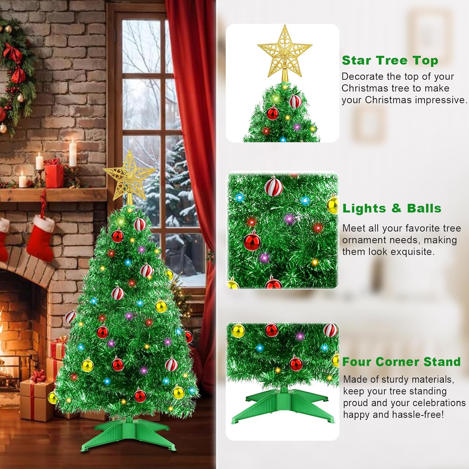 3 FT Small Artificial Christmas Tree with 50 Warm White & Multicolor Lights 15 Ball Ornaments Full Mini Xmas Tree for Tabletop Indoor Home