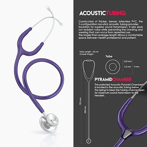 Miniatura 6 de MDF Acoustica - Estetoscopio ligero para médicos, enfermeras, estudiantes, uso en el hogar, adulto, doble cabezal, tubo morado, auricular y pieza