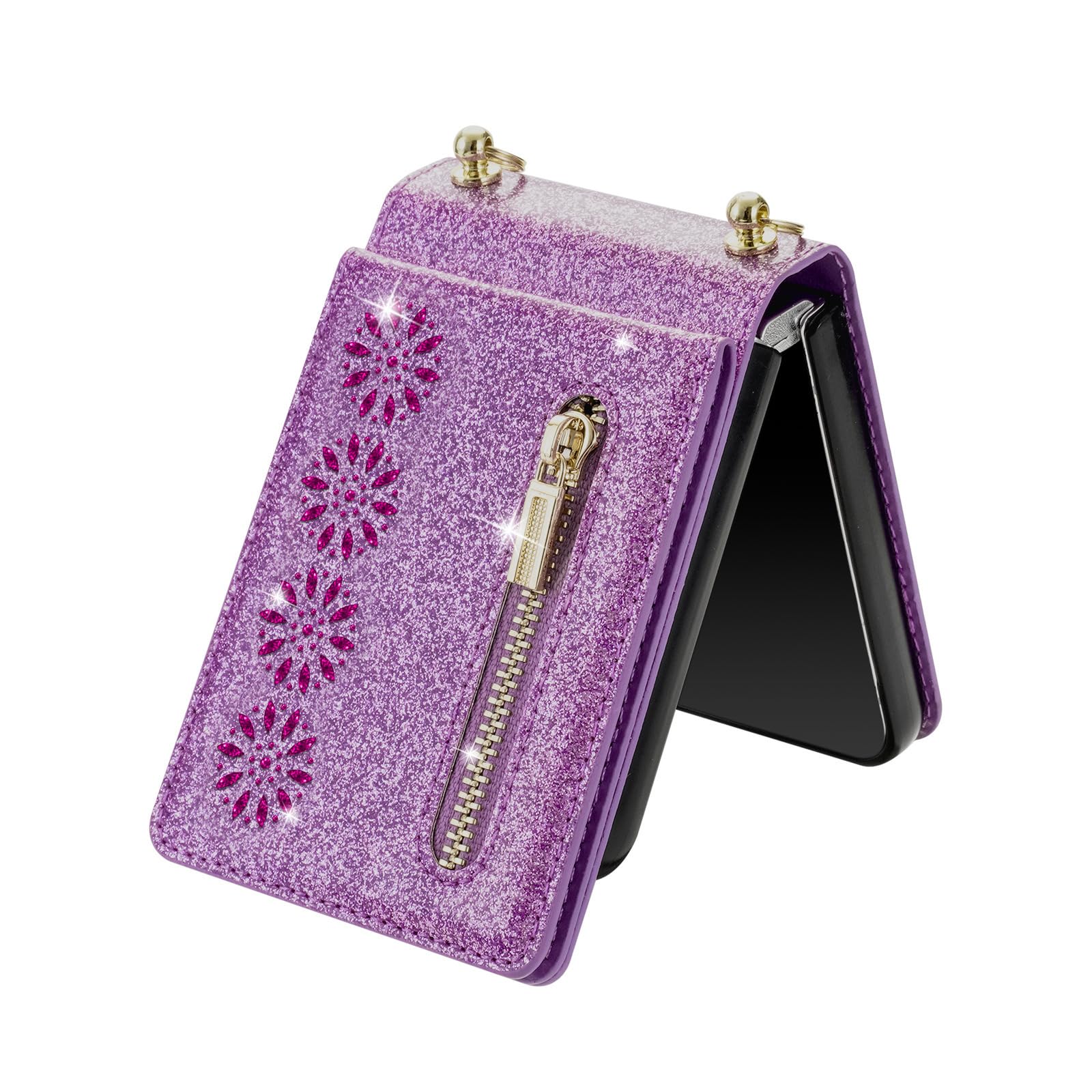 Etui na telefon komórkowy do Samsung Galaxy Z Flip 6, Portfel skórzany Brokat z miejscem na kartę, Pasek na ramię, Etui ochronne z klapką, Odporne na zarysowania,