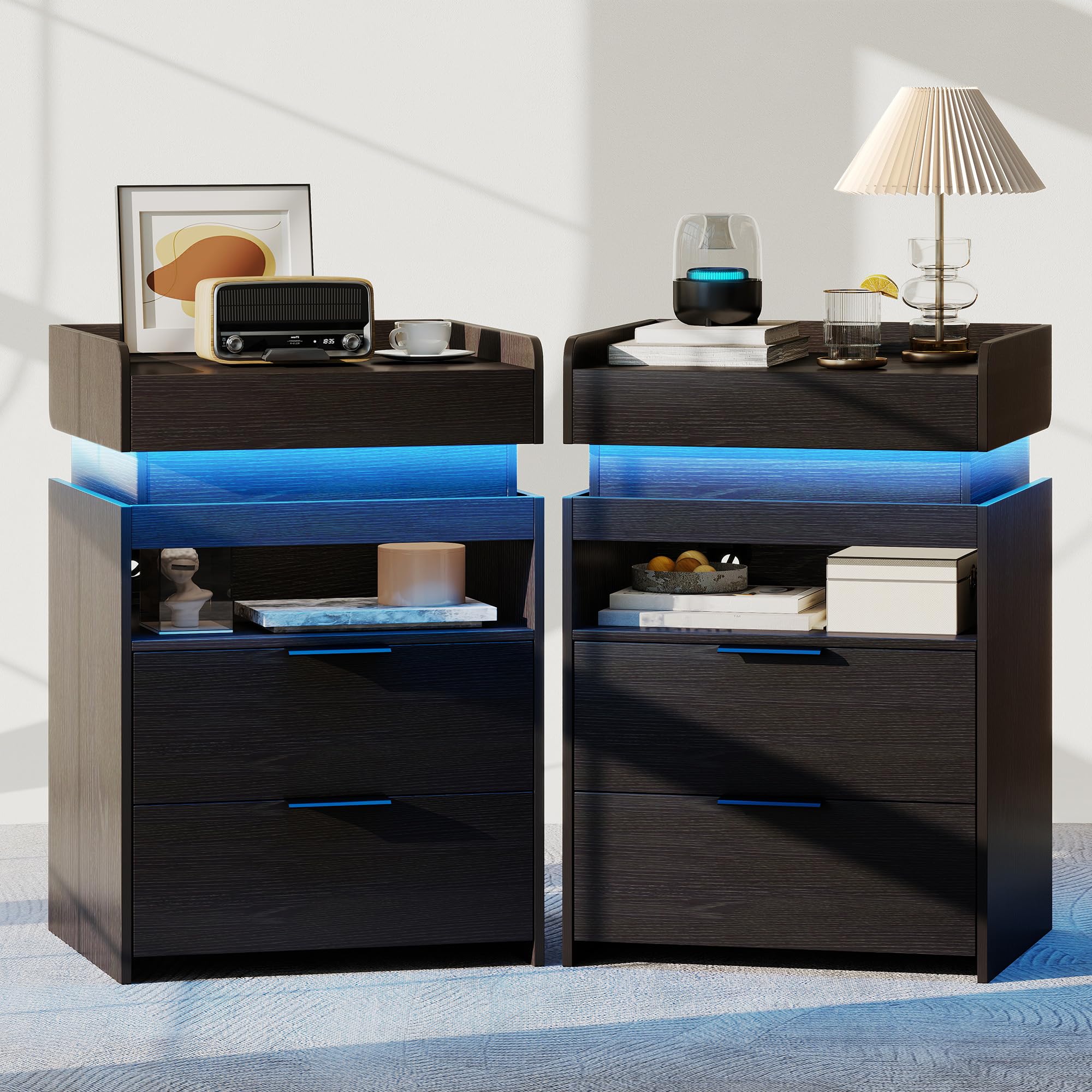 View 1 of ** PREVIOUS CUSTOMER LEFT NOTE STATING MISSING PIECES, UNKNOWN WHAT OR HOW MUCH. FOR PARTS **
Turosur Modern Nightstands Set of 2 with Charging Station & LED Light,Black