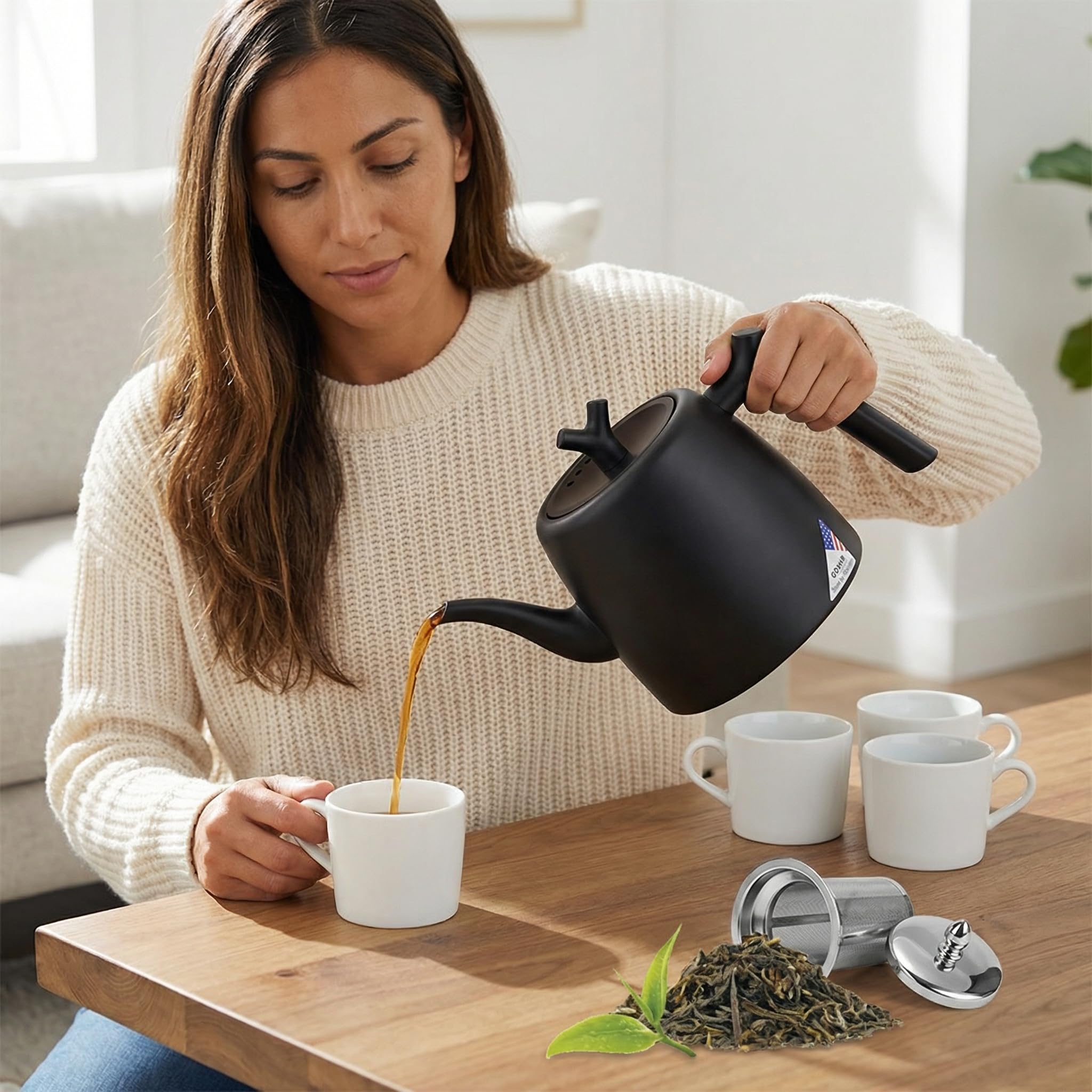 Teekanne 304 Edelstahl Thermo Teekanne 2L Thermoskanne Tee mit Siebeinsatz Schwarz Teebereiter Doppelwandig Isolierkanne Hitzebeständige Tee Kanne Teapot mit Griffe für Ingwer