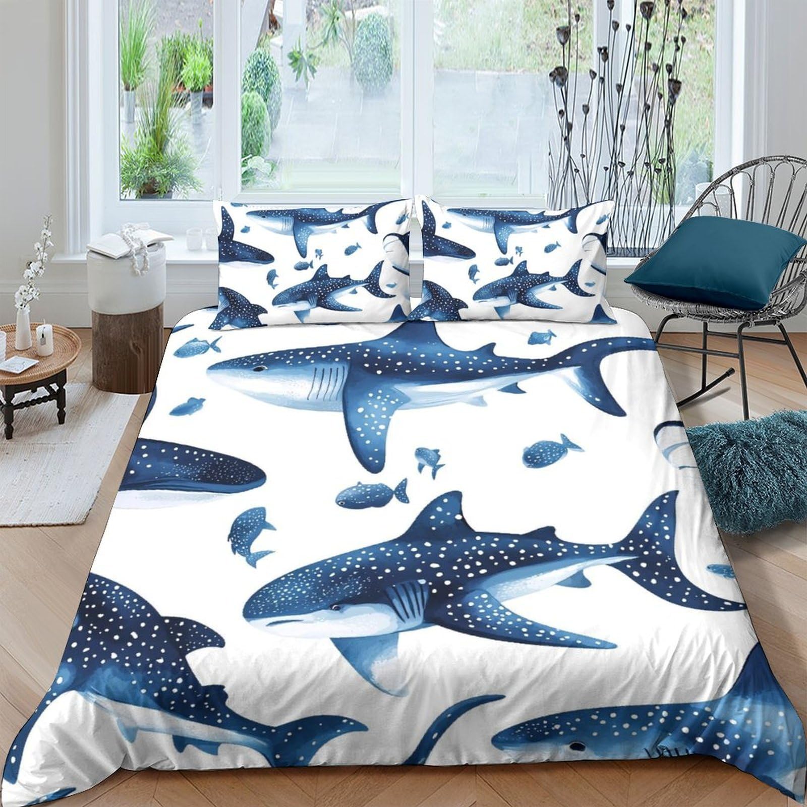 TUFRTGYHN 3D Printed Whale Shark Duvet Cover Microfiber Soft Blue Ocean Bedding Set with 2 Pillowcases for Bedroom Decor Single（135x200cm）