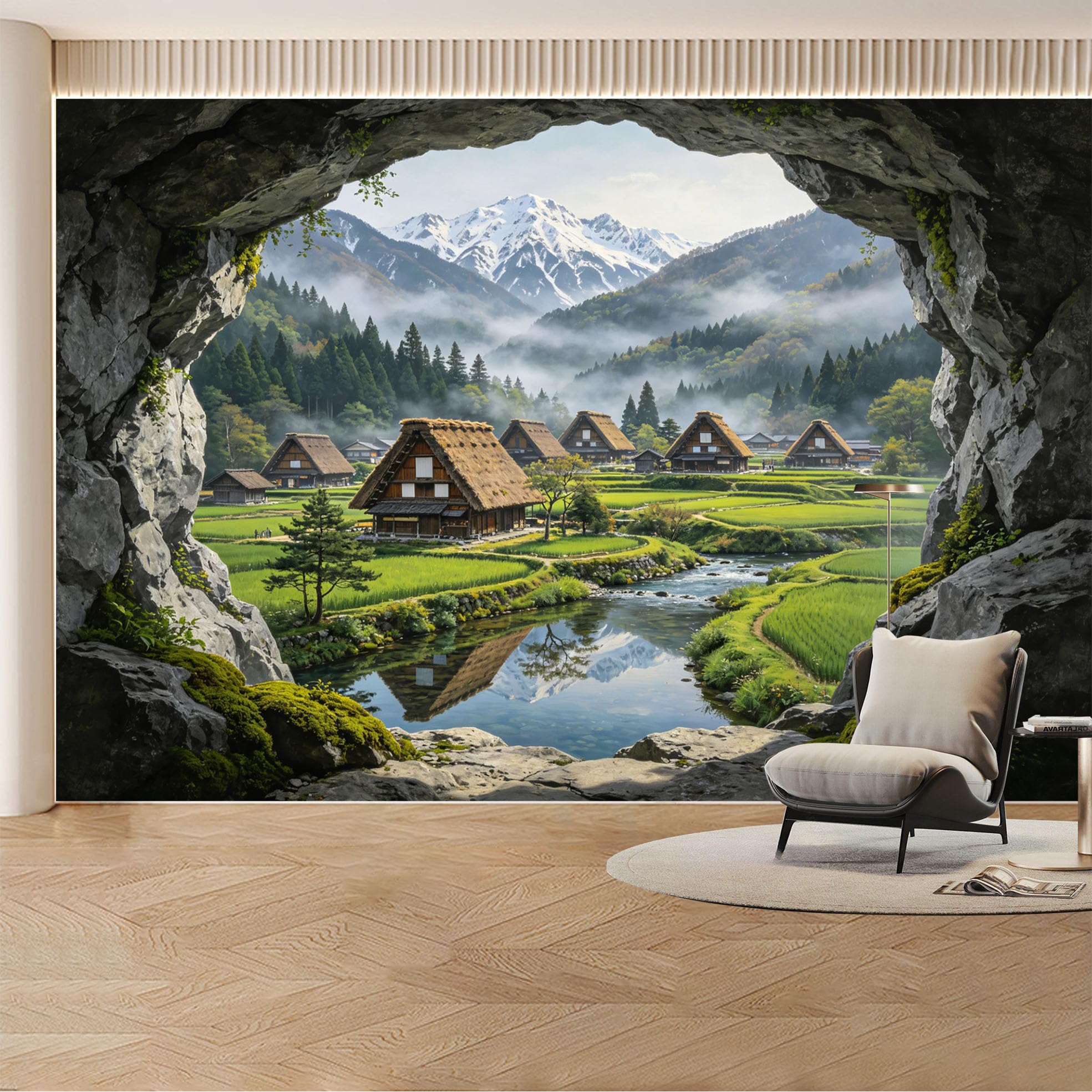 Kayorowalls Bh20260620088 Custom Wall Mural Wallpaper Mountain Village Landscape Nature 3D Effect Wall Decor Misty Nordic Style Removable Selfadhesive Large Photo For Living Room， Bedroom， Office