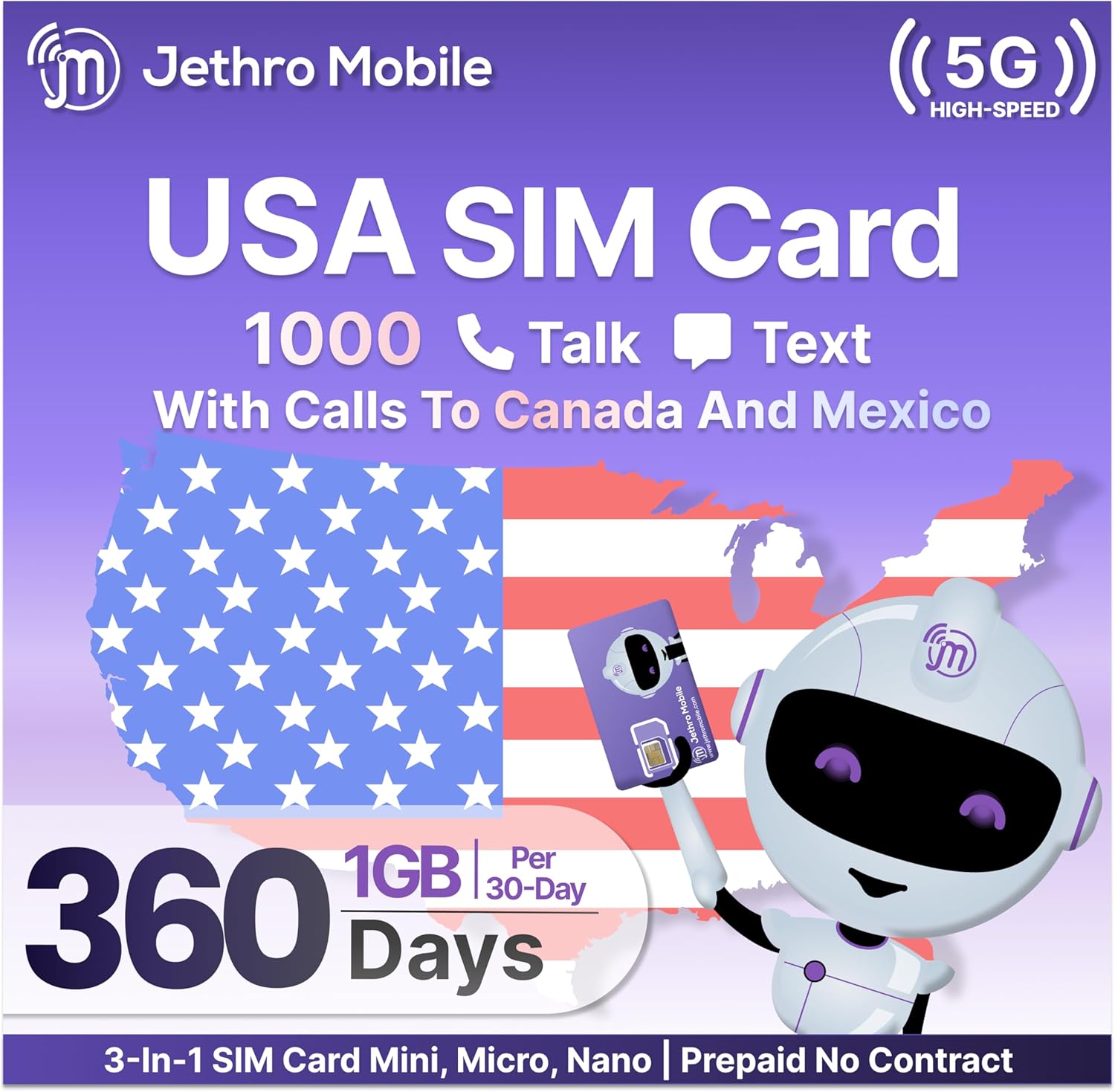 $7.09/mo Jethro Mobile | 1GB High-Speed Data | 1000 Minutes & Texts | Prepaid 3-in-1 SIM Card | Works with Senior & Elderly Unlocked Cell Phones (12 Months)