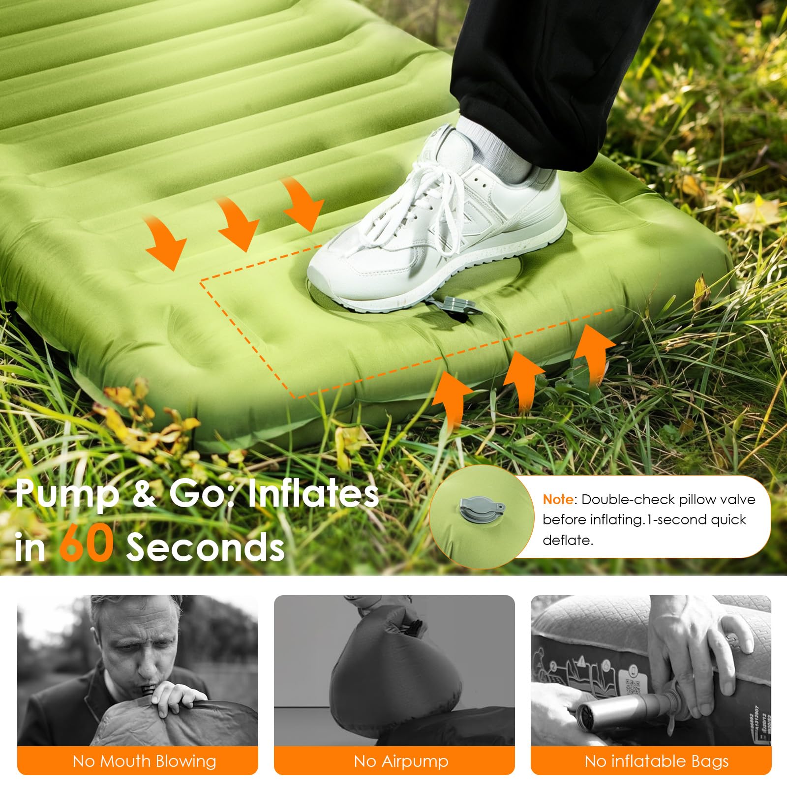 Minthouz Matelas de camping en mousse à mémoire de forme ultra épais avec oreiller, gonflage rapide en 20 secondes, matelas de camping isolé 4 saisons pour camp/voyage/voiture/tente