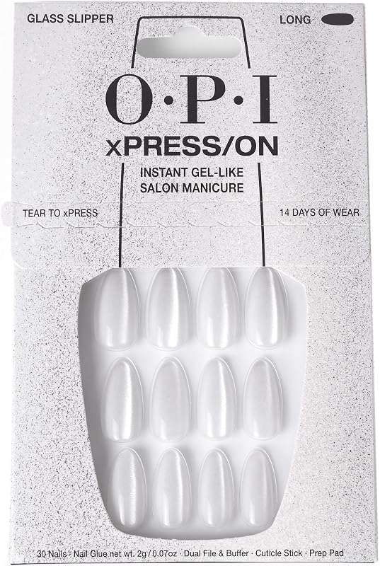 OPI xPRESS/ON press-on nails in glass slipper, long clear almond nails in a silver glitter box