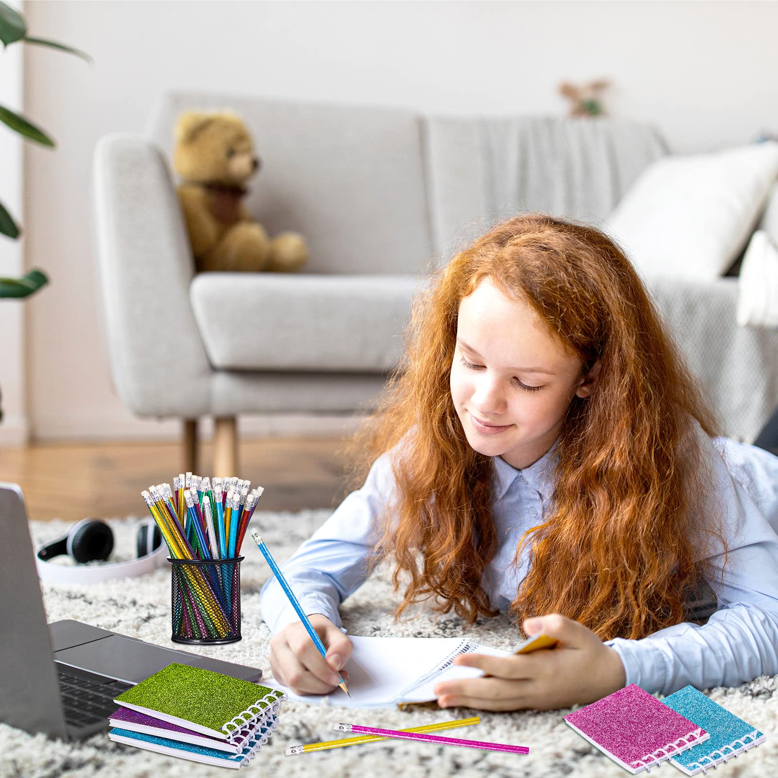 Ctosree 60 blocs de notas pequeños en espiral de prisma y 60 lápices de colores, lápices metálicos con purpurina, mini cuadernos para niños, mini bloc de notas, bloc de notas de bolsillo, bloc de