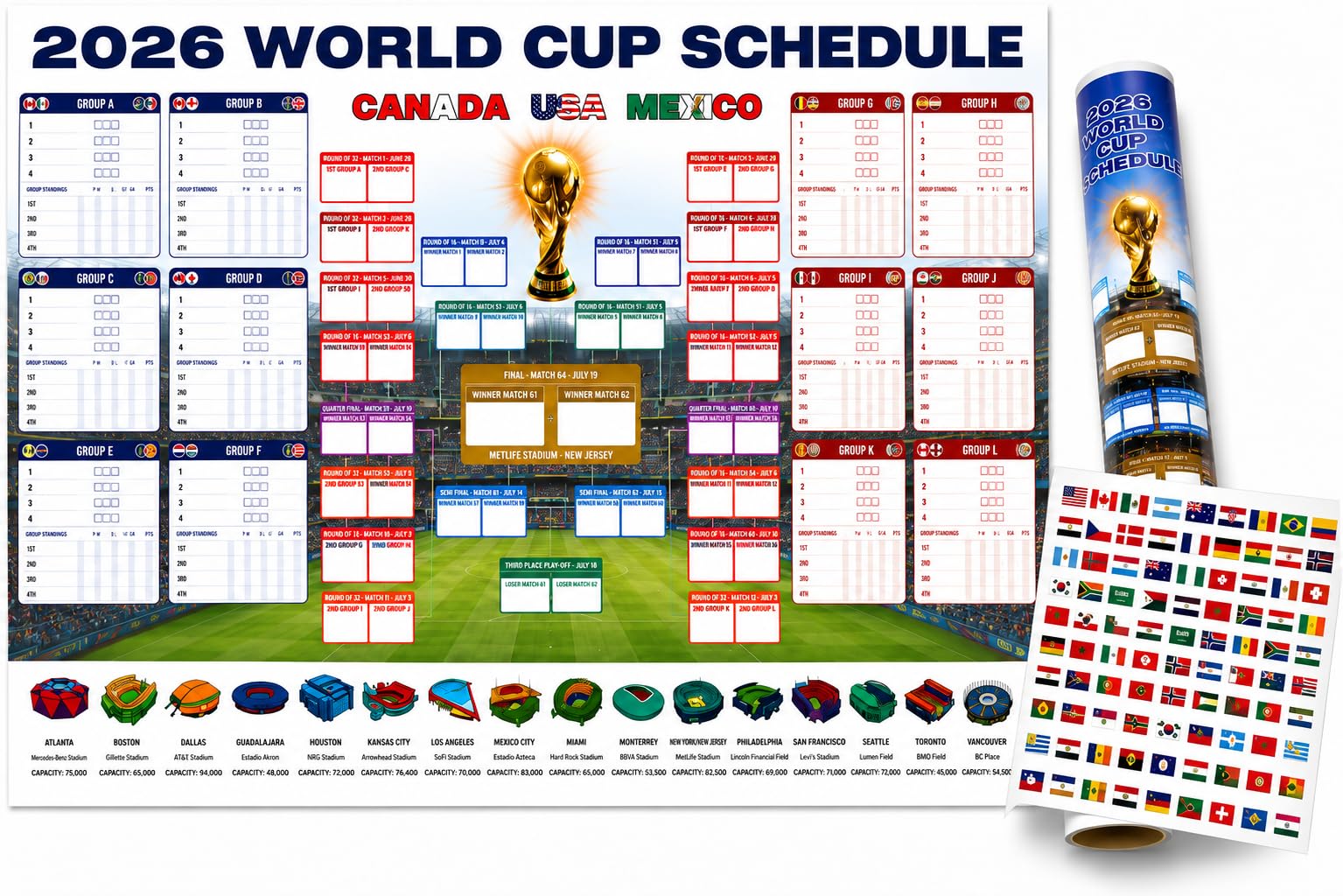 2026 World Cup Wall Chart – Extra Large 110x80cm Poster, UK Kick Off Times & Prediction Tracker | Group Stage to Final | Football Party Decoration - 170gsm Thick Paper
