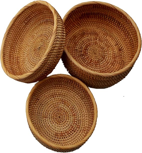 Bread Basket,Handmade Woven Rattan Storage Basket Round Bowl Shape for Fruit Chips Rolls,Set of 3 Size (RoundBowlSuit1x3)