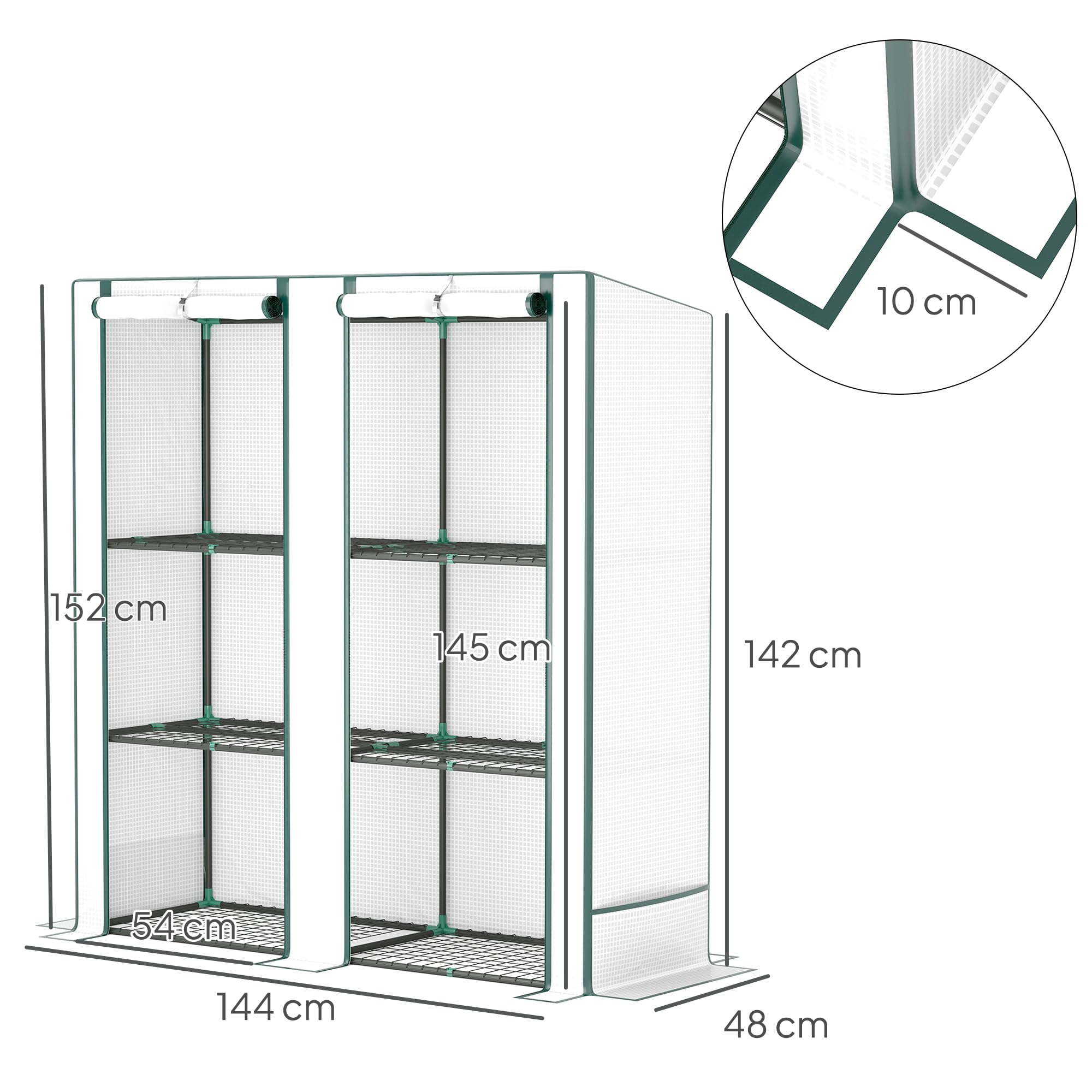 Outsunny Serra da Giardino con 2 Porte Avvolgibili, Scaffale a 3 Ripiani e Tasche Laterali, Struttura in Acciaio e Copertura in PE, Serra per Orto per Piante e Fiori, Protezione Anti UV, Bianco Verde
