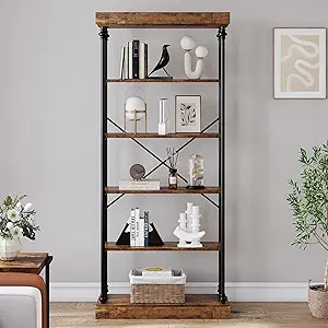IDEALHOUSE Industrial Bookshelf Wood Bookcase 6 Tier Storage Open Rack Shelf Metal Frame Rustic Tall Standing Bookshelves Large Vintage Display Rack for Bedroom,Living Room and Home Office