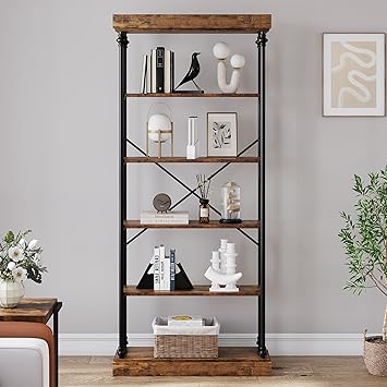IDEALHOUSE Industrial Bookshelf Wood Bookcase 6 Tier Storage Open Rack Shelf Metal Frame Rustic Tall Standing Bookshelves Large Vintage Display Rack for Bedroom,Living Room and Home Office