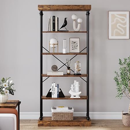 IDEALHOUSE Industrial Bookshelf Wood Bookcase 6 Tier Storage Open Rack Shelf Metal Frame Rustic Tall Standing Bookshelves Large Vintage Display Rack for Bedroom,Living Room and Home Office