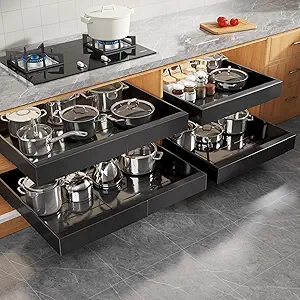 4 Pack Expandable Width (15.15"-26.3") Pull Out Cabinet Organizer 21" Deep with Raising Pad for Framed Cabinets, Upgrade 3 Slide Rails Slide Out Drawers, Roll Out Shelves Adhesive, Black