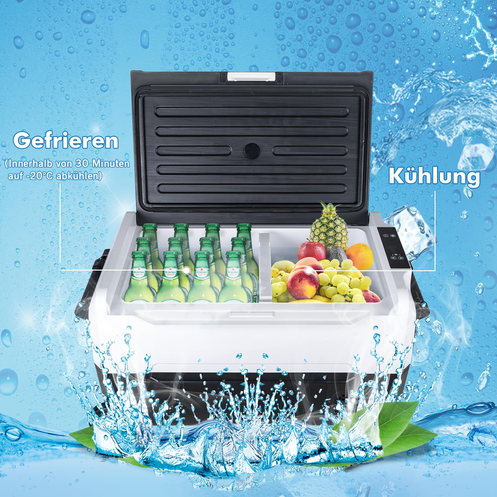 Fullwatt Kompressor Kühlbox 35L mit Rollen, Kühlung bis -20° C, Kühlschrank Elektrisch 12V 24V 220V-240V Anti-Schütteln,Gefrierbox für Camping Auto,LKW, Boot, Reisemobil, Steckdose,Tragbar