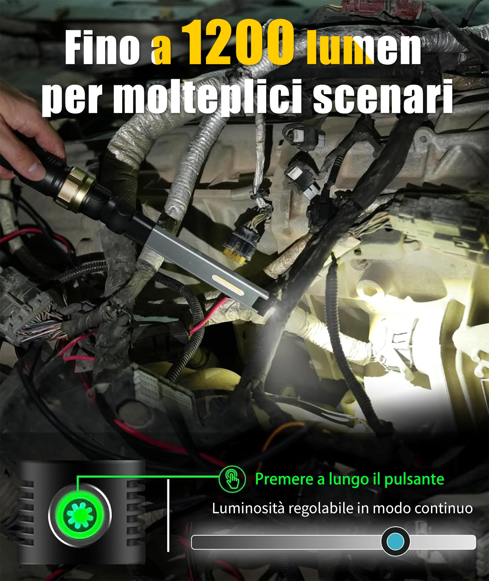 HOTLIGH Lampada LED Ricaricabile - 5000mAh Lampada Officina con design pieghevole ruotabile a 360°, 1200 lumen Torcia Ricaricabile, 3 modalità di illuminazione Torcia da Lavoro per riparazioni auto