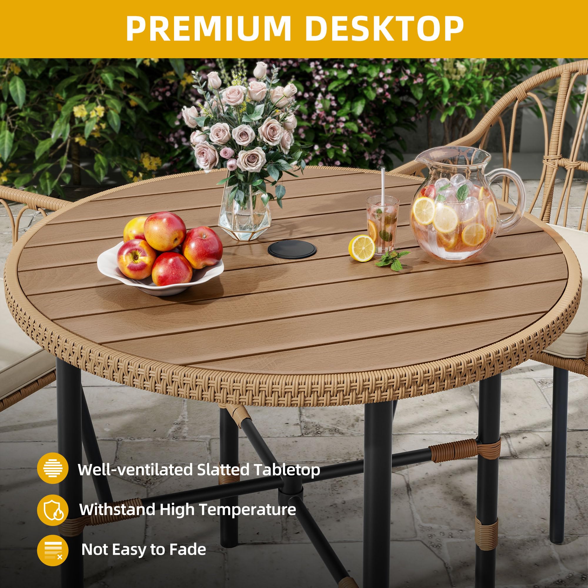 Mesa de comedor redonda para 4 mesas de 35.4 pulgadas con agujero para sombrilla y niveladores ajustables, mesa de bistró para todo tipo de clima con marco de metal para césped, jardín, patio 4