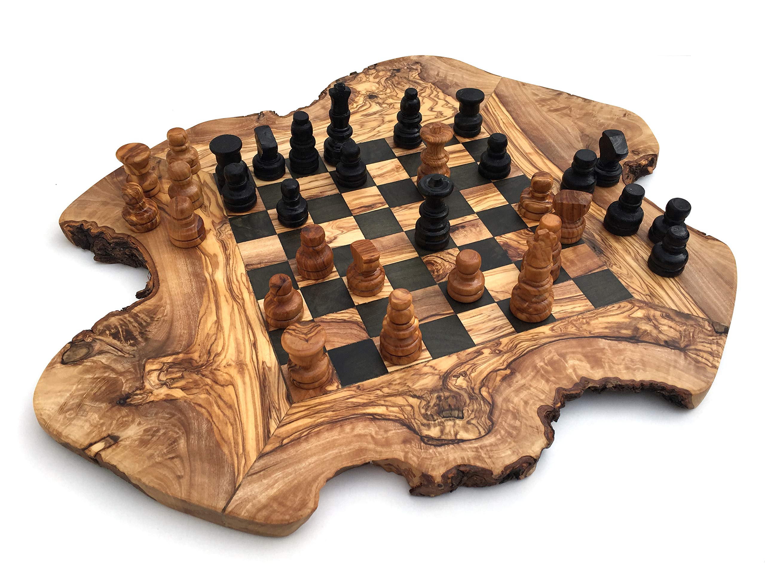 Schachspiel rustikal,Schachbrett Gr. M inkl. Schachfiguren, handgemacht aus Olivenholz, Geschenkidee ab 14 Jahre.