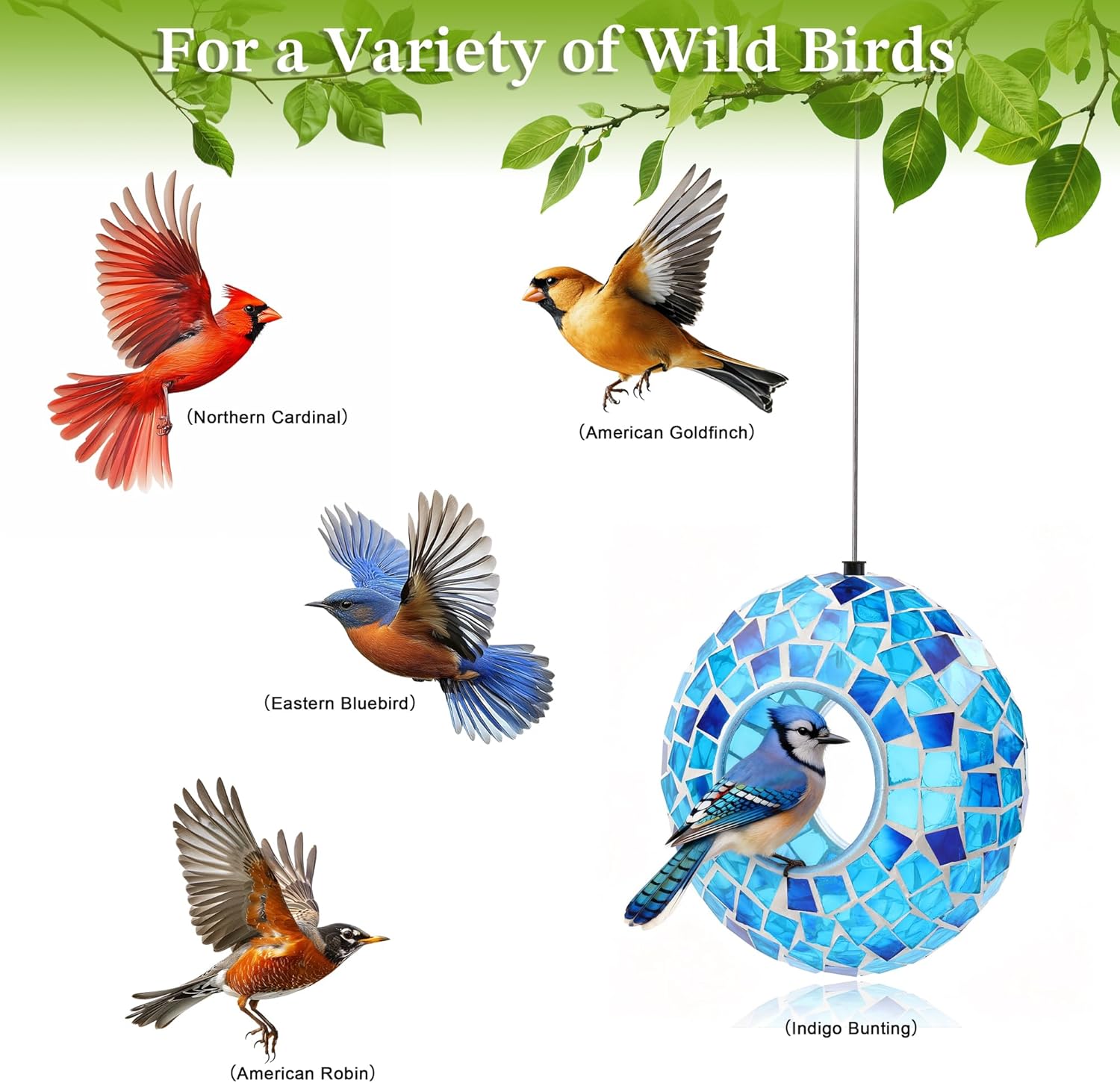SAVENNA Mosaic Glass Hanging Bird Feeder, 6.3 Inch Handcrafted Outdoor Feeder with Steel Wire Rope, Decorative Garden & Patio Feeder for Wild Birds, Blue Mosaic Design