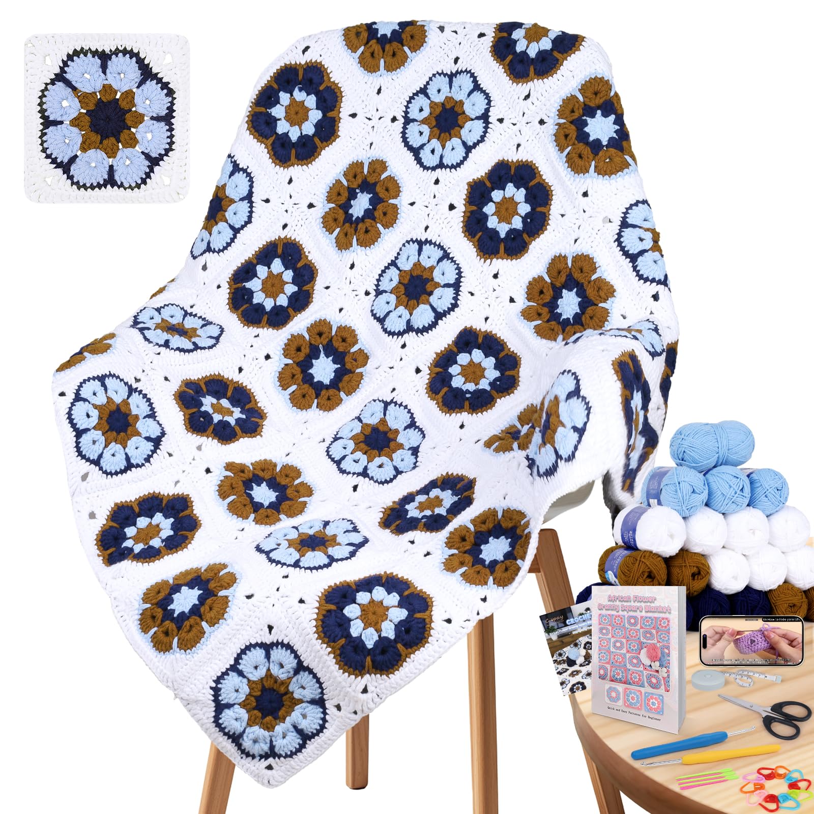 Coopay Häkeldecken-Set für Anfänger, quadratisches All-in-One-Set mit Schritt-für-Schritt-Video und genug Garnen – Master Granny Square Häkeln einfach, ideales Geschenk für Bastelliebhaber (Mokka-Blau