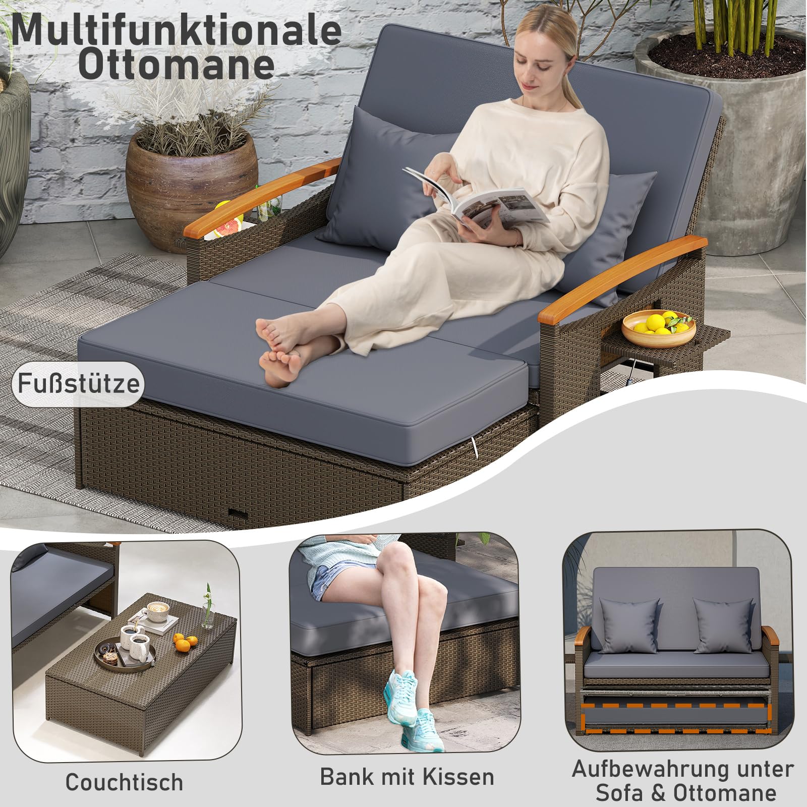 GYMAX Sofa Exterior de Ratán con Reposapiés de Almacenamiento, Conjunto Jardín de 2 Plazas con 4 Niveles y Cojines Acogedores, Bandejas Laterales Retráctiles (Gris, S)