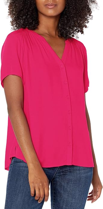 Amazon Essentials Womens Relaxed-Fit Short-Sleeve V Neck Button-Front Woven Blouse, Business Casual Work Blouse