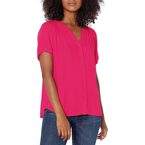 Amazon Essentials Women's Relaxed-Fit Short-Sleeve V Neck Button-Front Woven Blouse, Business Casual Work Blouse