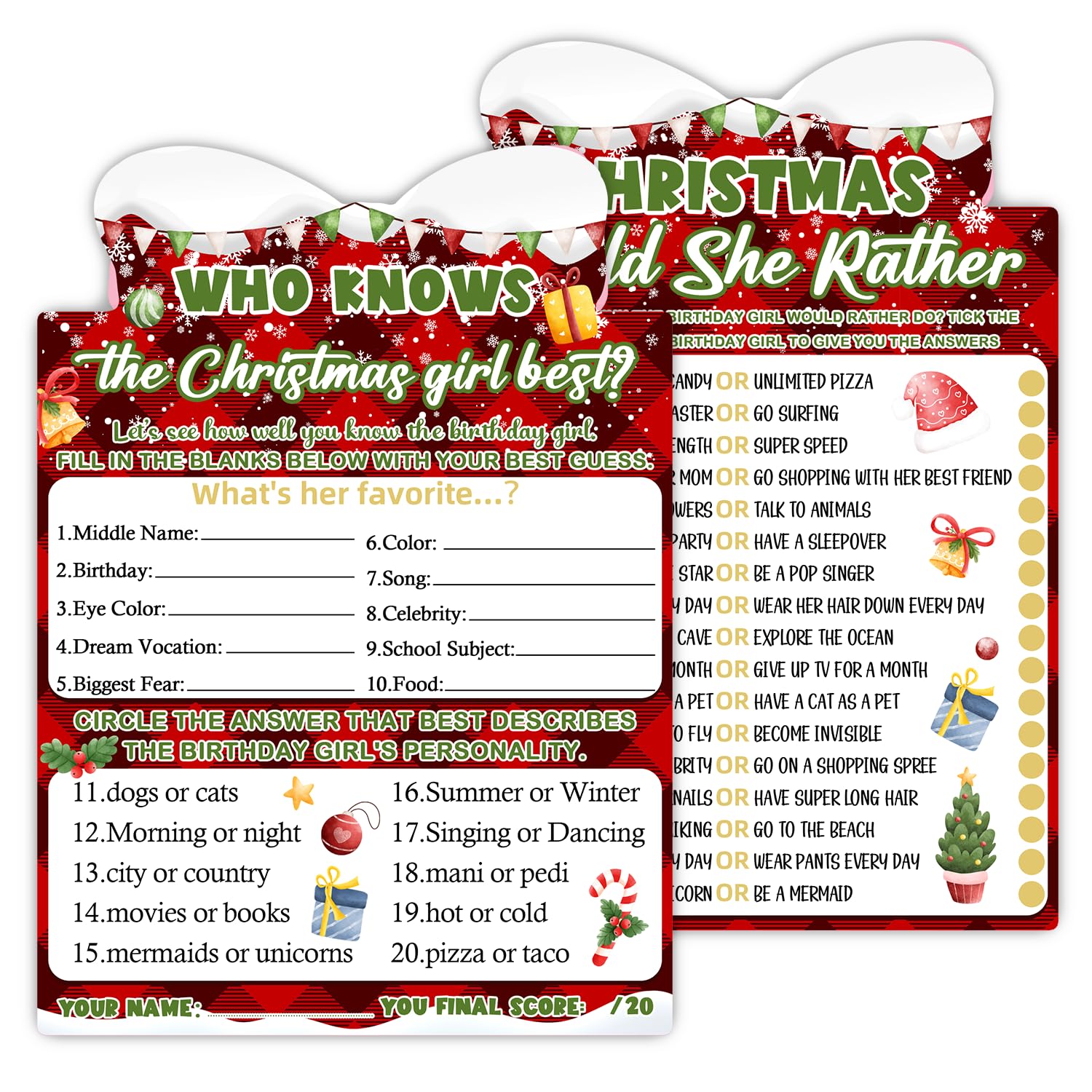 Christmas Card Game, Christmas Bow Themed Party Activities and Creative Supplies, Who Knows The Christmas Girl?, Christmas Supplies Set, 20 Game Cards (4x6 inches)