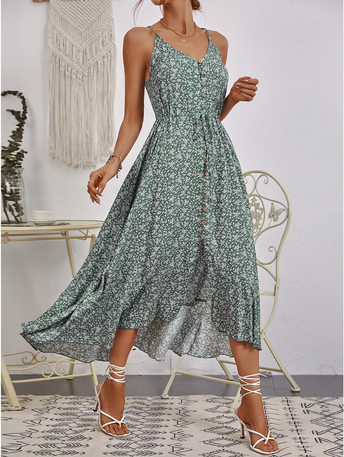 BROVAVE Women's 2026 Summer Casual Boho Sundress Polka Dot Spaghetti Strap V Neck Flowy Midi Dresses - Image 2