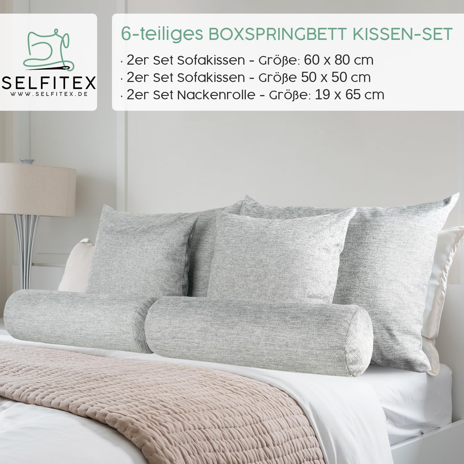 Selfitex Großes 6-teiliges Boxspringbett Kissen Set, 2X 60x80/2x 50x50/2x Nackenrolle 19x65, Sofakissen inkl. weichen Füllkissen, stilvolles Dekokissen Set für Bett und Sofa (Grau)