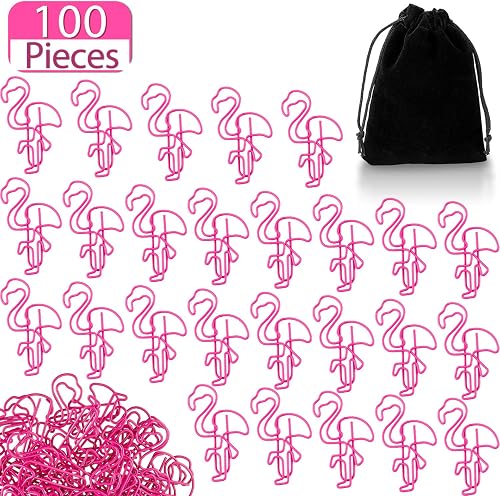 Outus 100 Pieces Flamingo Paper Clip Pink Flamingo Shaped Paperclips Cute Animal Shape Bookmark Clips Metal File Note Clips Page Marker for Office School Home Supplies