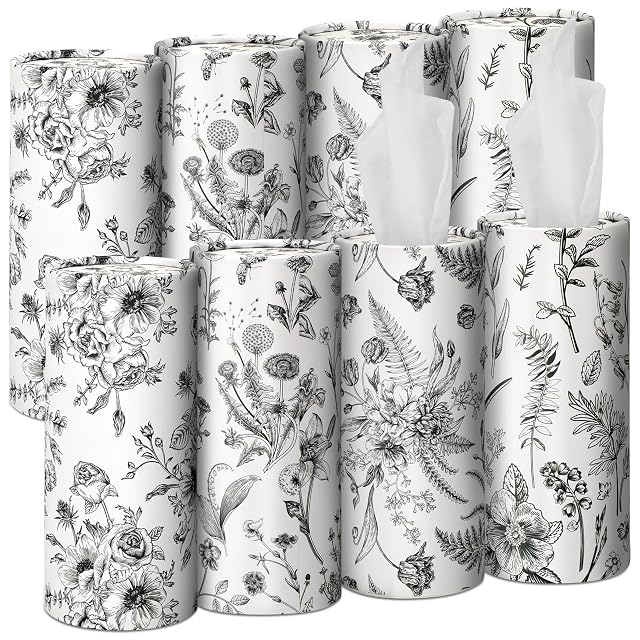Zonon 8 Pcs Vintage Floral Round Tissues Holder Car Tissues Cylinder with Facial Tissue Bulk Black Flower Tissue