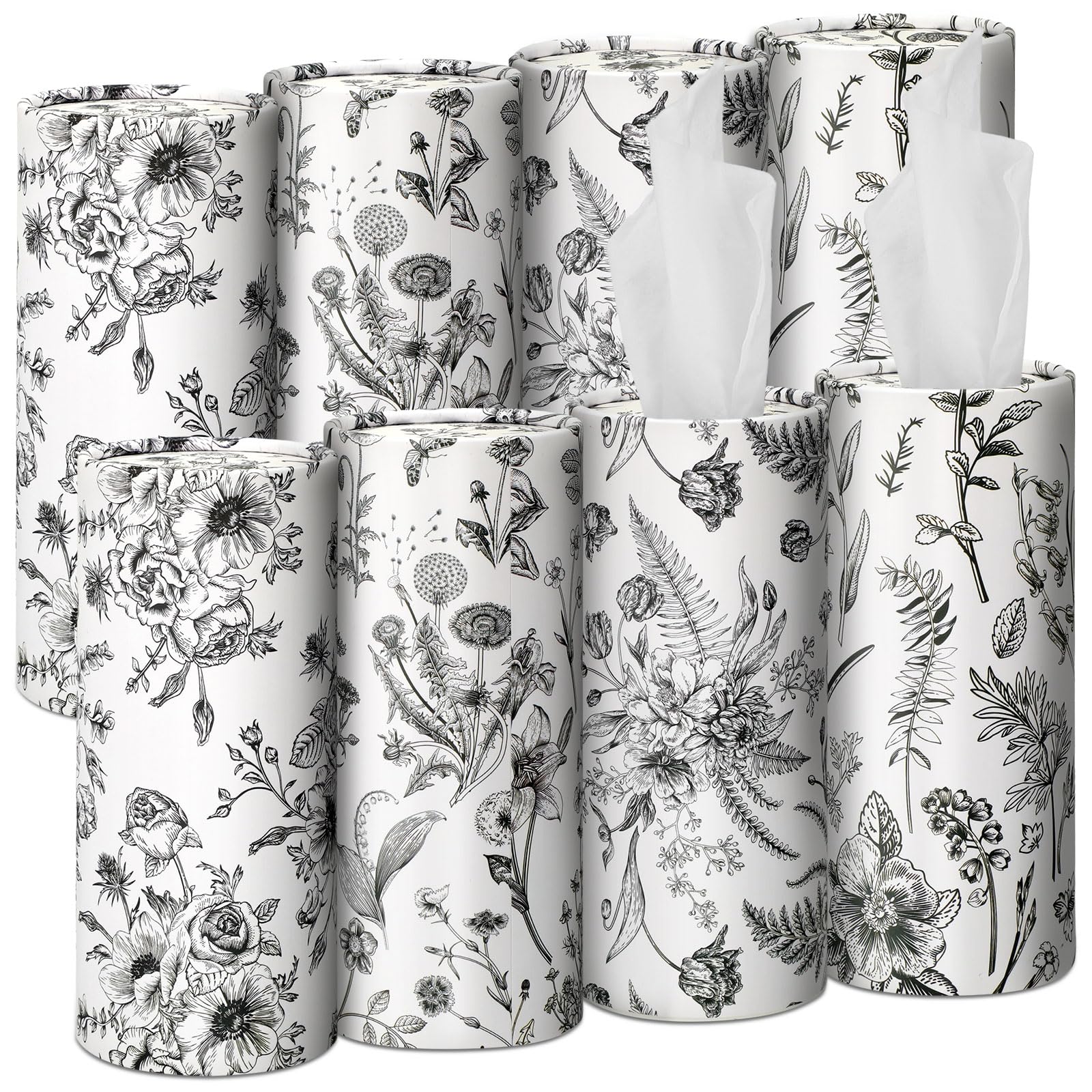 Zonon 8 Pcs Vintage Floral Round Tissues Holder Car Tissues Cylinder with Facial Tissue Bulk Black Flower Tissue