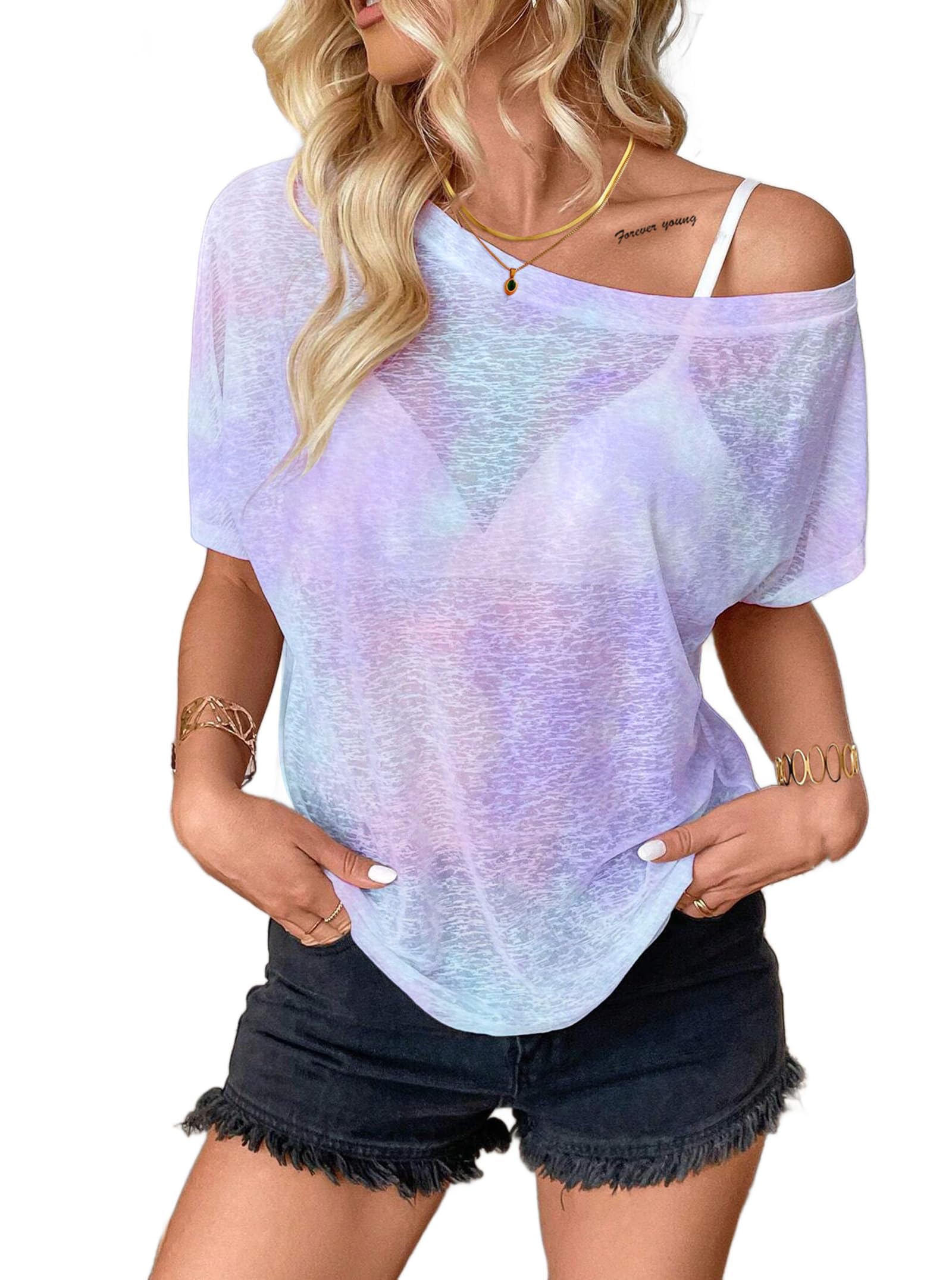 Hilinker Women's Sheer Off The Shoulder Tops See Through Sexy Short Sleeve Mesh Shirt Summer