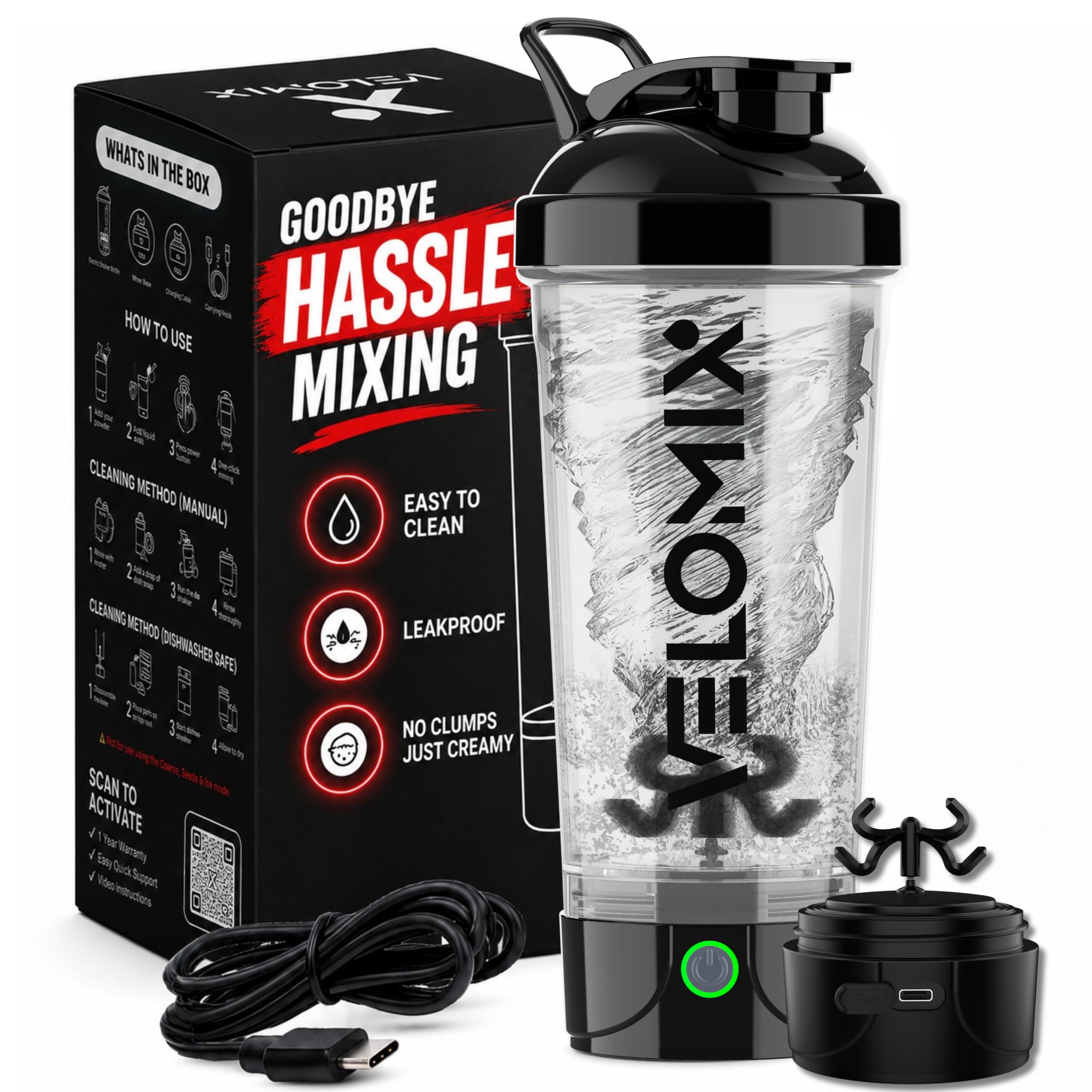 VELOMIX 24oz Electric Protein Shaker Bottle for Protein Mixes, Transparent
