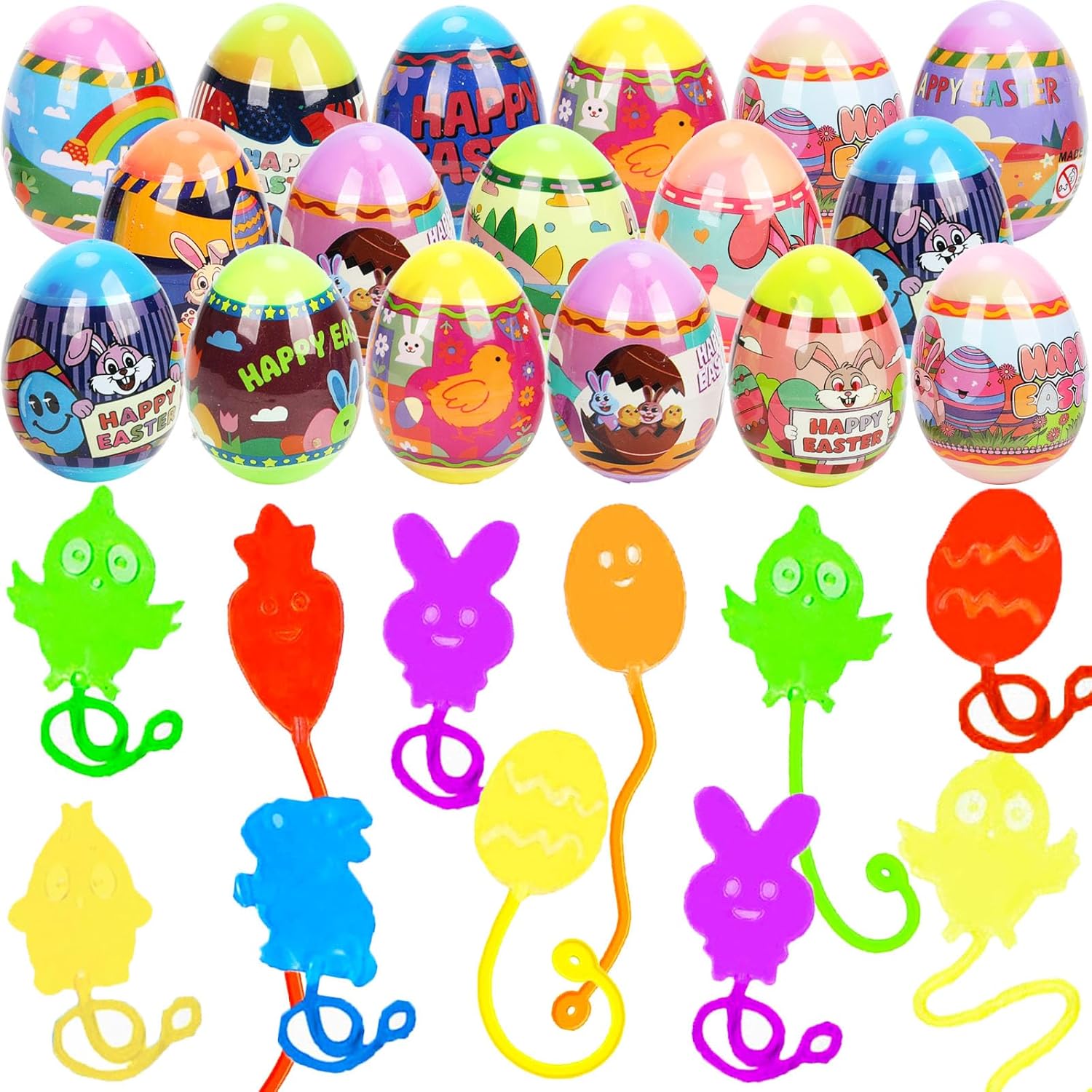 VOMAOK Easter Eggs Filled with Sticky Hands –24 Pack Pre-Filled Easter Eggs with 24 Assorted Sticky Hands Toys, Easter Basket Stuffers for Kids, Party Favors