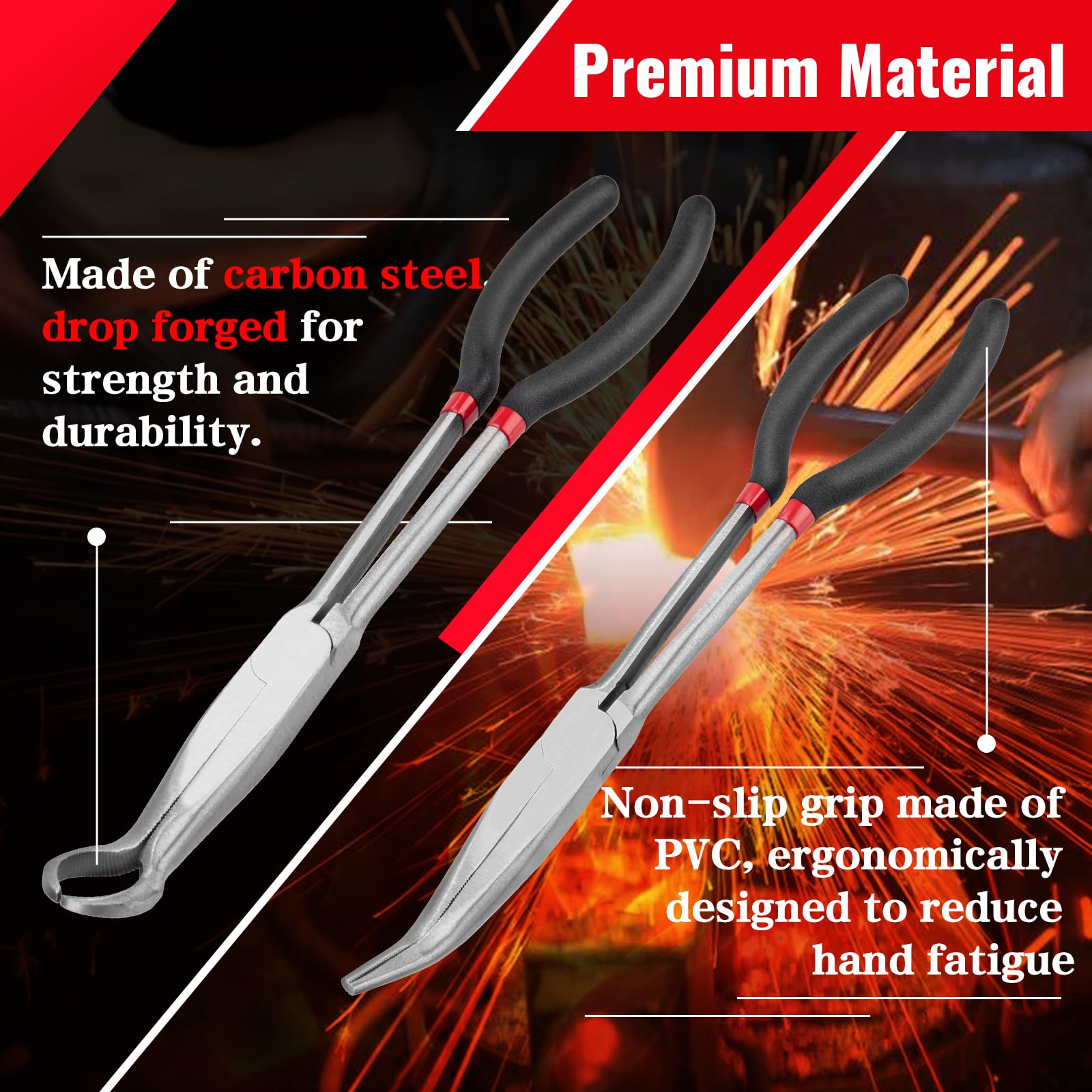 Set di pinze di precisione extra lunghe da 28 cm, 5 pezzi, dritte/piegate a 45°/90°, cerchi/diagonali, set di pinze a becco lungo con manici antiscivolo, ideali per spazi ristretti, piegatura di fili