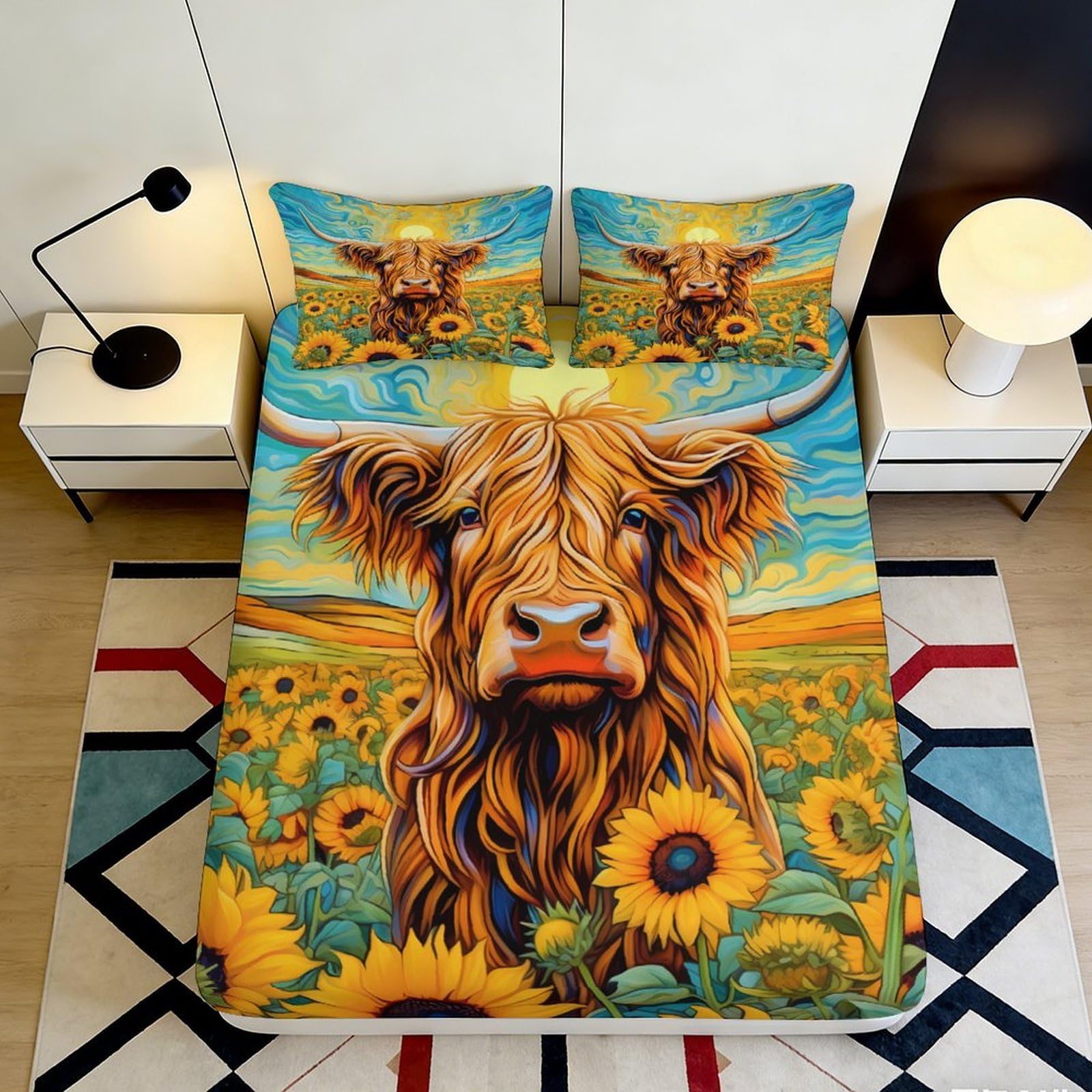 3D Printed Highland Cow Sunflower Fitted Sheet Microfiber Soft Bed Cover for Bedroom Guest Room Dorm Decor 90x200x25cm