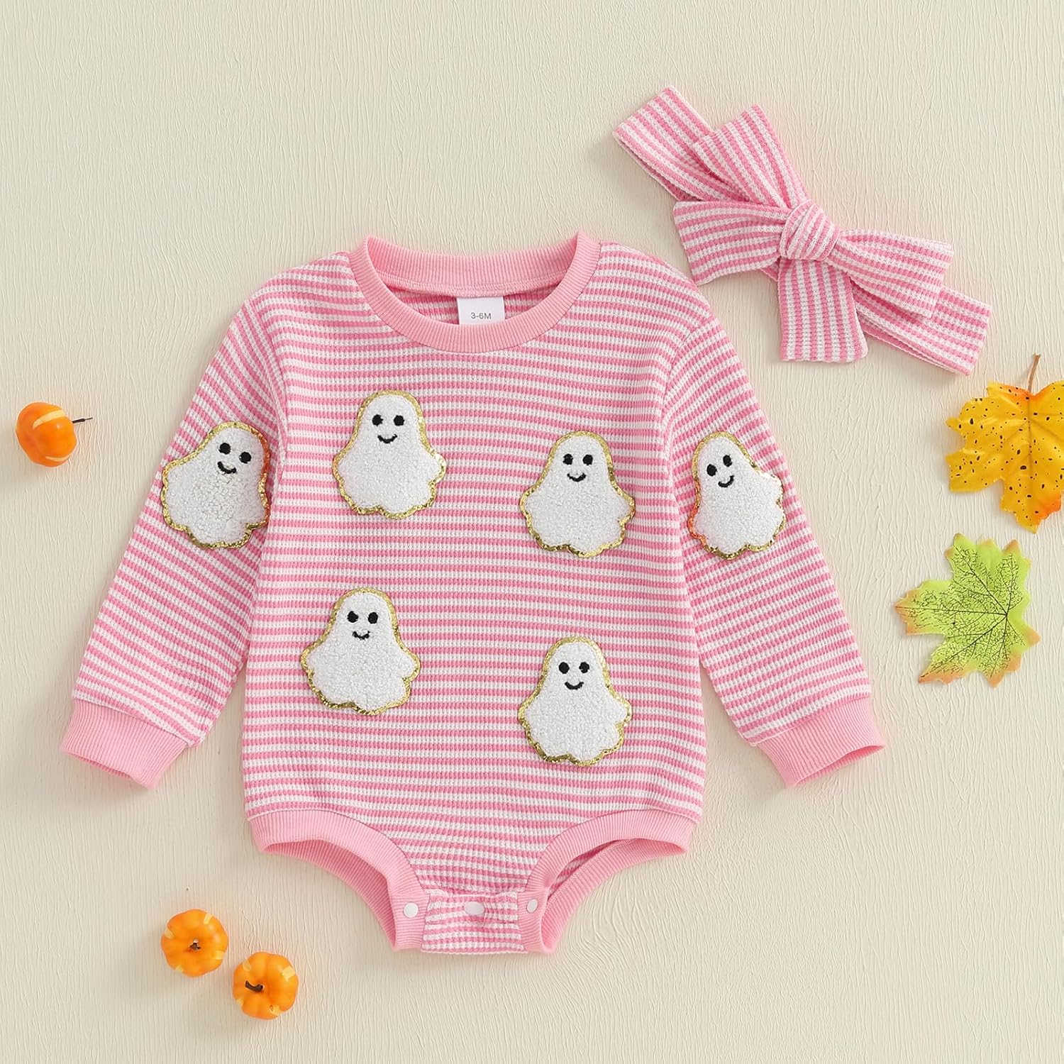 Newborn Baby Girl Halloween Outfit Pumpkin Stripe Long Sleeve Waffle Knit Romper Infant Bodysuit Fall Winter Clothes - Image 3