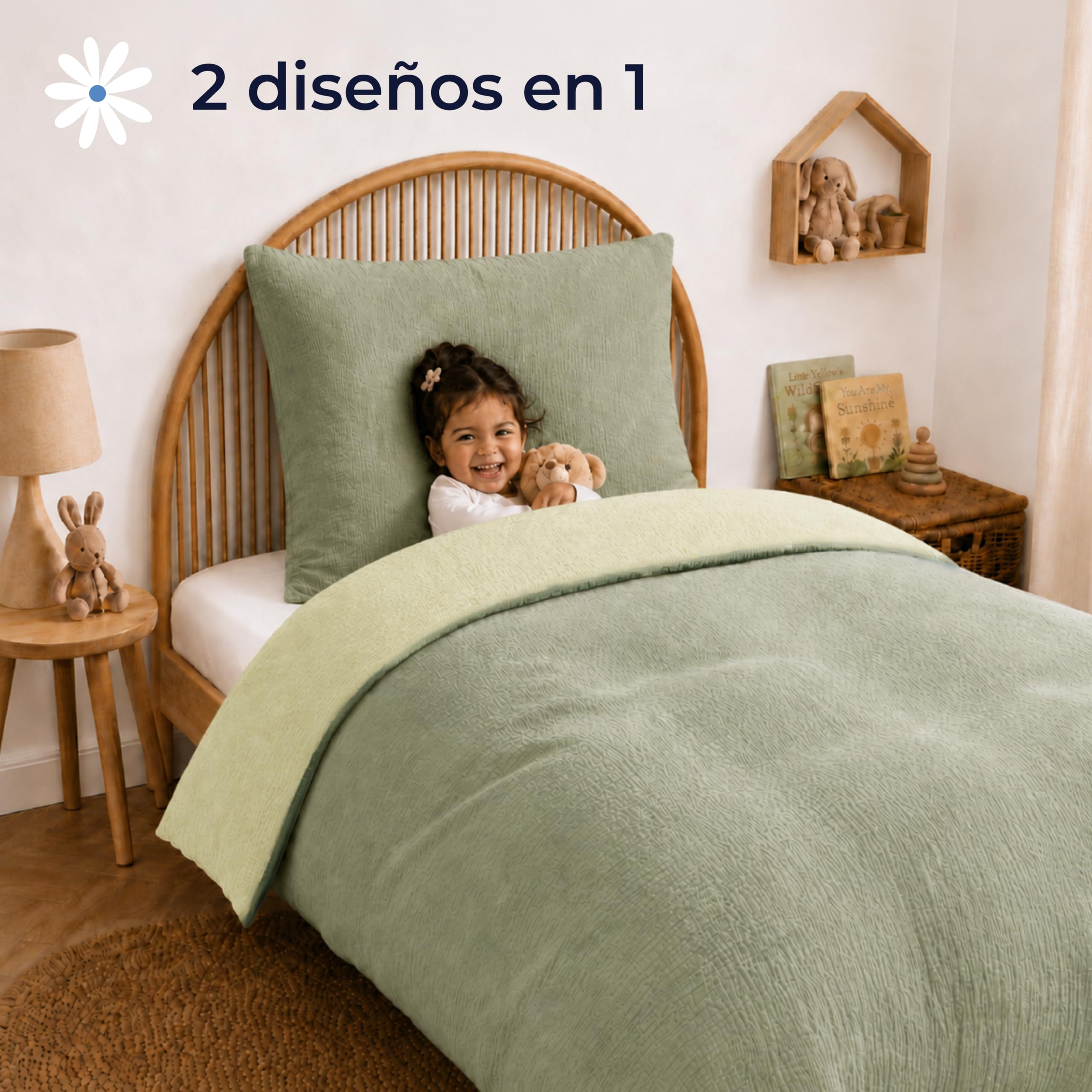 Dreamzie Funda Nordica 135x200 cm con Funda de Almohada 80x80 cm - Ropa de Cuna en Muselina 100% Algodón Oeko-Tex - Verde Salvia