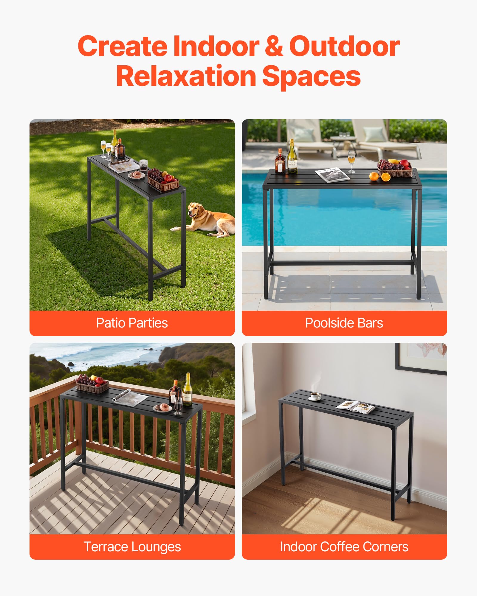 VEVOR Bartisch, 1200 x 375 x 980 mm, Bistrotisch, Stehtisch mit Metallgestell, rechteckige Esstische, Küchentisch, Tresentisch, Partytisch, Gartenmöbel für Balkon, Garten, Poolrand