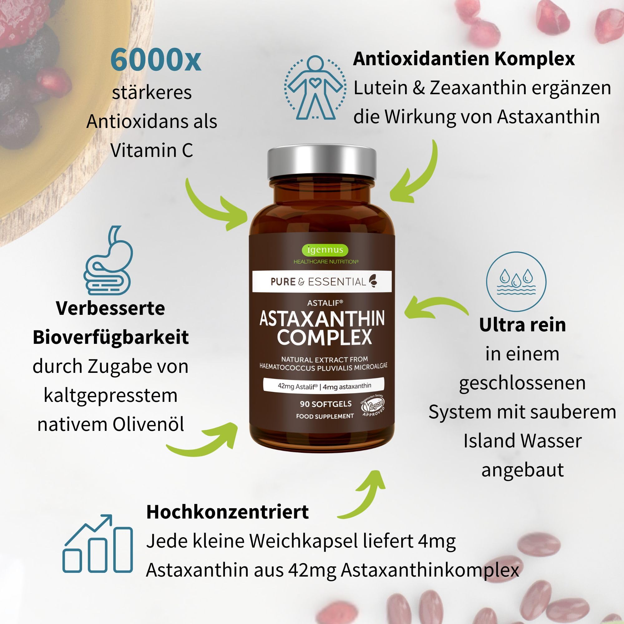 Igennus Ultra Pure Astaxanthin – Antioxidantien-Komplex mit 42 mg H. pluvialis, enthält 4 mg natürliches Astaxanthin, 90 vegane Kapseln, gentechnikfrei