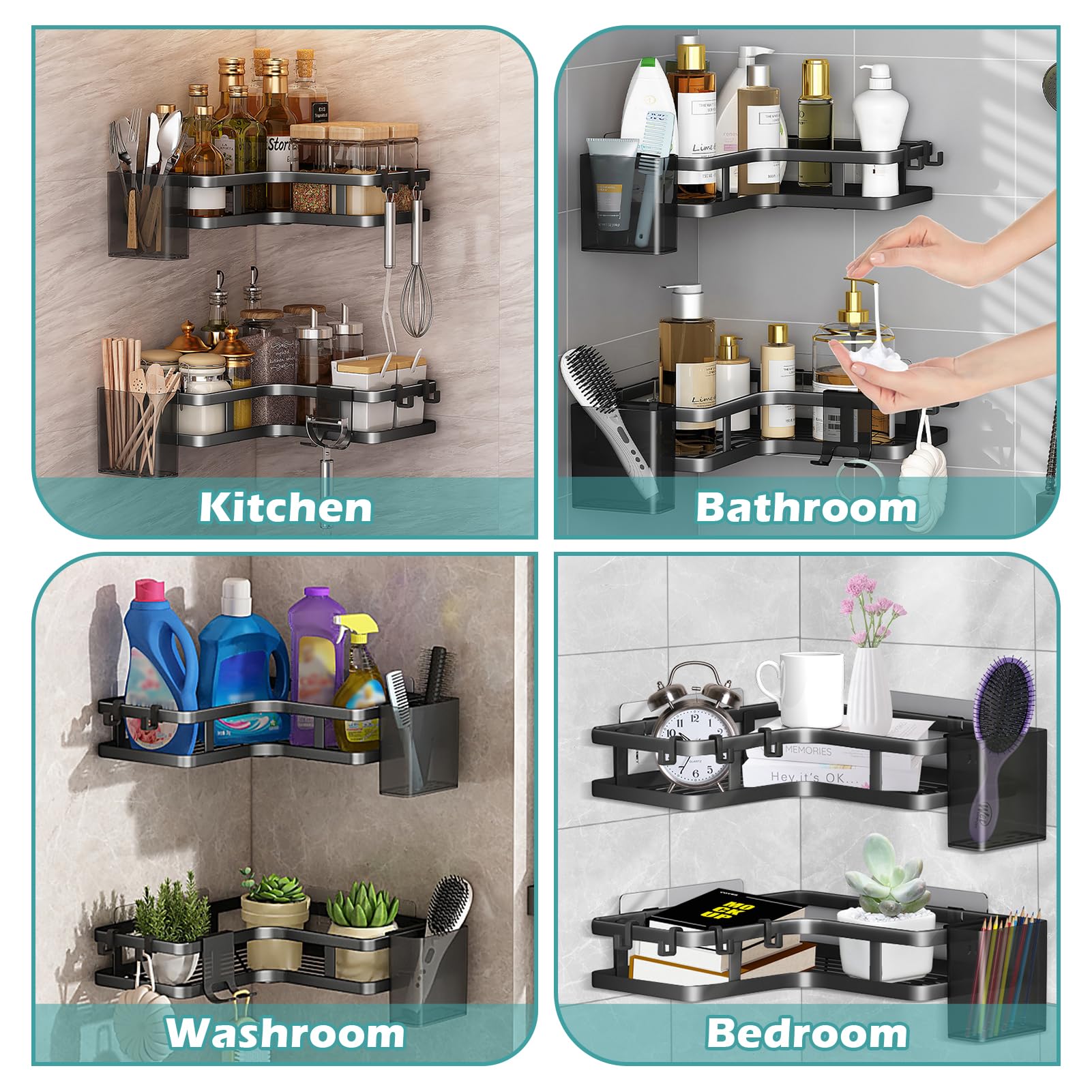 Mensola Doccia Senza Foratura 2 Pezzi - Nero, Acciaio Inox, 8 Ganci, Adesiva, Impermeabile - Foto 5