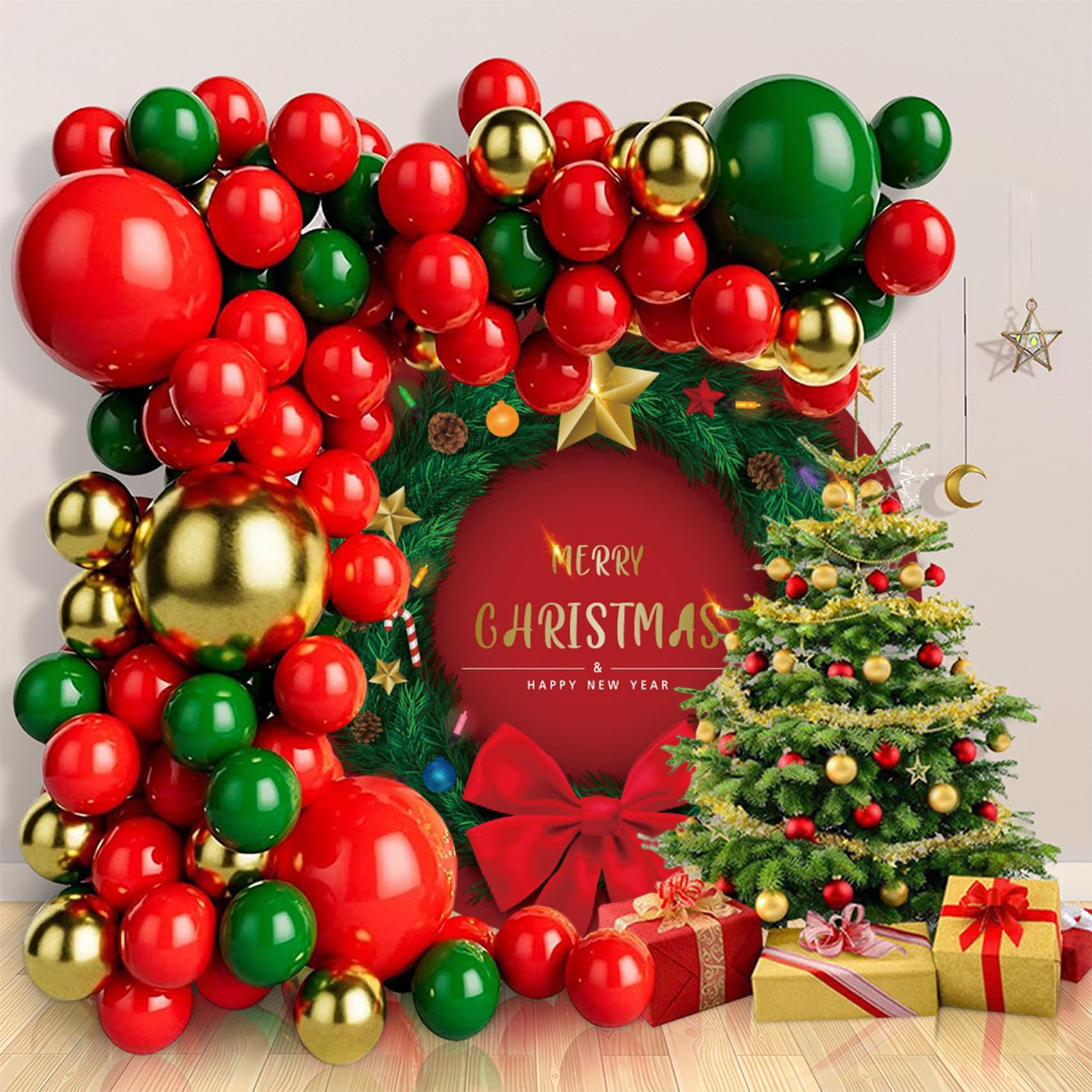 YongFoto Toile de fond ronde de 2 x 2 m avec motif joyeux Noël vert exquis anneau de Noël et nœud rouge pour photographie de Nouvel An, fête de Noël, festival, fête prénatale