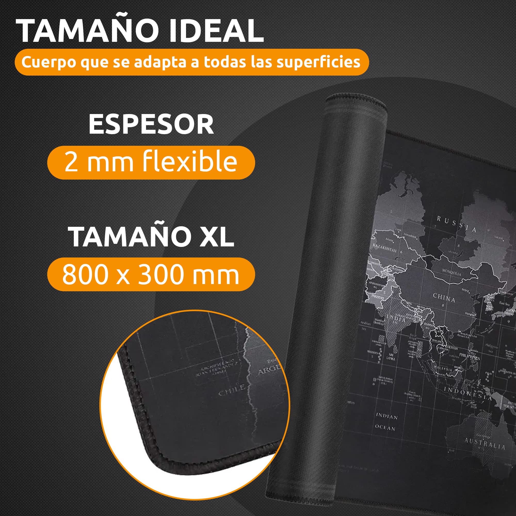 Alfombrilla para Ratón Mousepad XXL, Alfombra Gaming Base de Goma Antideslizante PC Tapete con Microfibras, Mapamundi, Accesorios de Oficina. (Worldmap, 80x30 cm)
