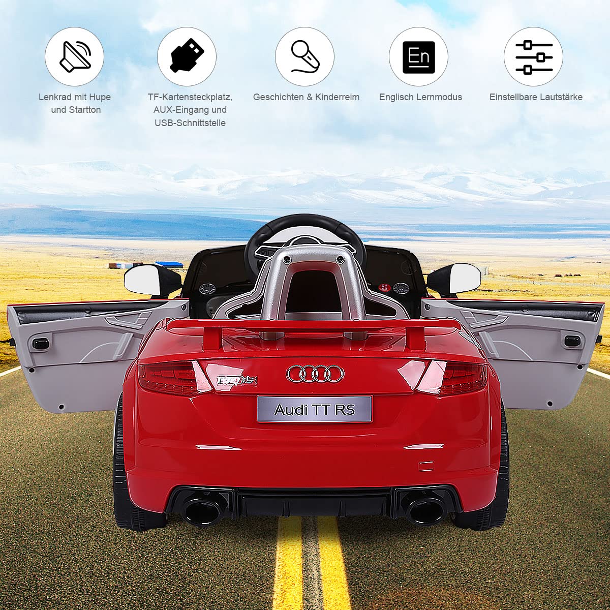 COSTWAY 12V Audi Kinderauto mit 2,4G-Fernbedienung, 3 Gang Elektroauto 2,5-5km/h mit MP3, Hupe, Musik und LED-Leuchten, Kinderfahrzeug für Kinder von 3-8 Jahren (Rot)