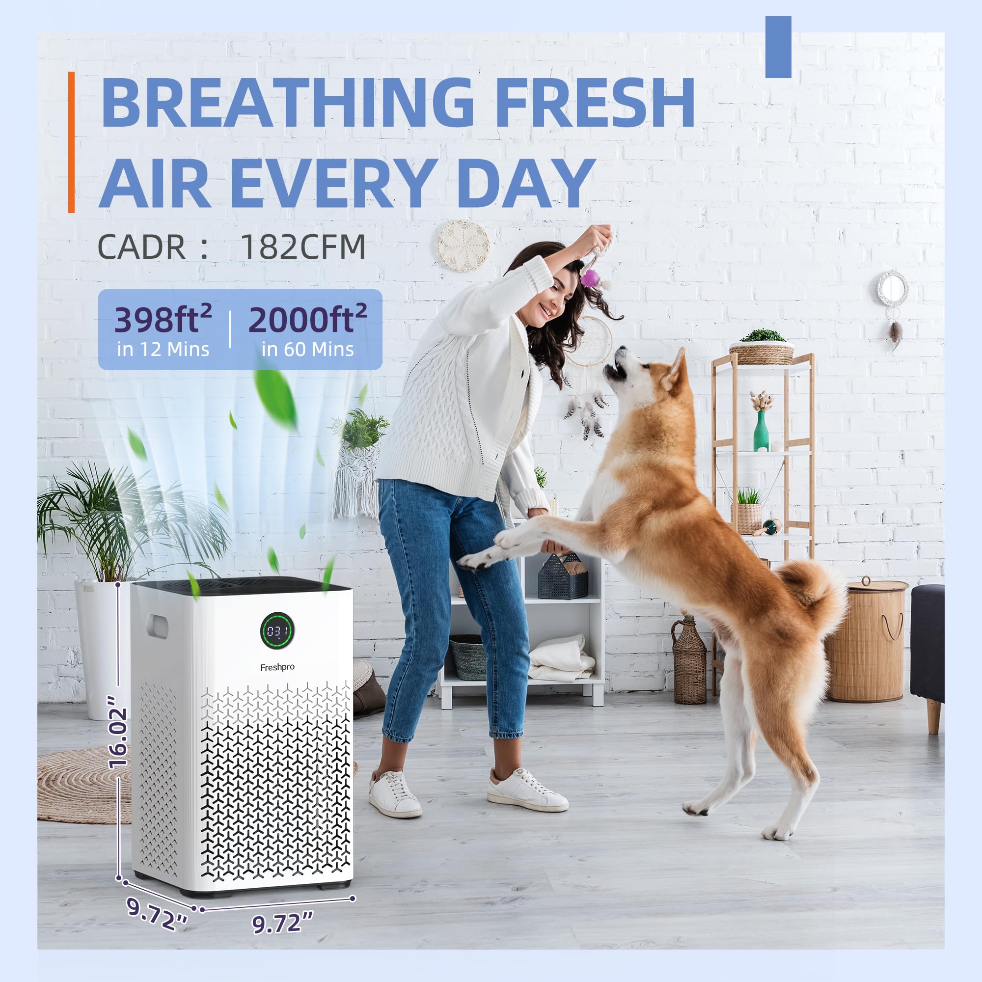 Freshpro Air Purifier for Home, Covers Up to 2000 Sq 3in1 Air Filter