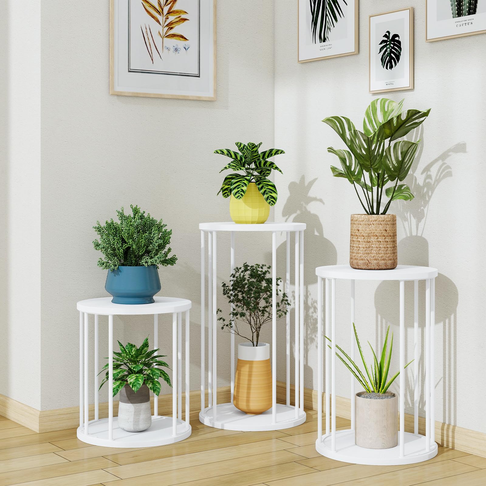 HDANI Juego de 3 Soportes Redondos para Plantas de Metal 35/45/55 cm,Soporte para Flores Sólido y Robusto para Salón,Jardín,Balcón,Taburete para Flores de Madera,Blanco
