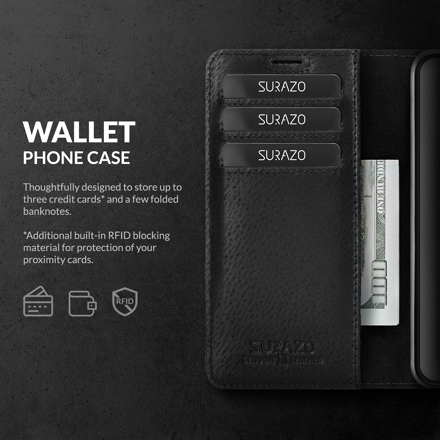 SURAZO Custodia In Vera Pelle Per Xiaomi 12 / 12X 5G - Portafoglio A Libretto Con Blocco RFID E Supporto (Nero, Fatto A Mano) - 2